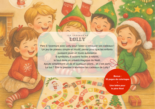 Jeu de plateau Noël + 10 pages de coloriage + Une lettre pour le père Noël à remplir !