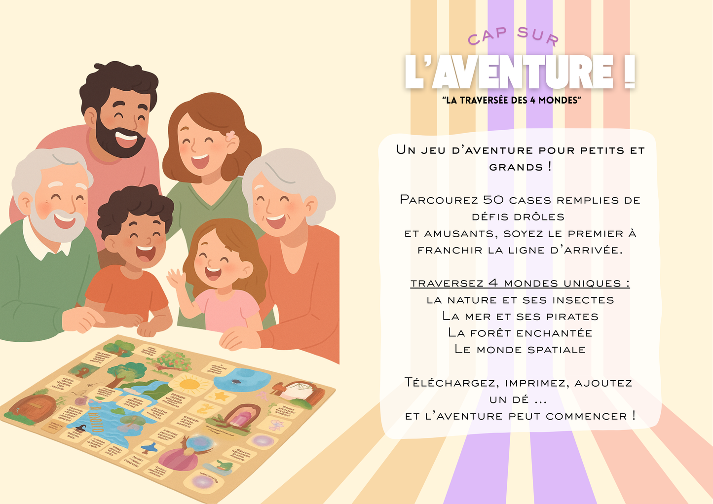 Plateau de jeu d'aventure à imprimer pour petits et grands, 50 cases de défis drôles et originaux ! Prêt à imprimer.