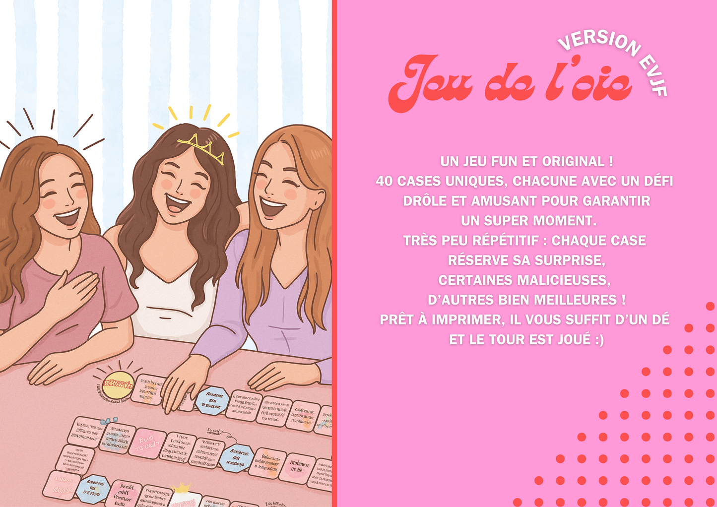 Plateau de jeu 40 cases pour EVJF fun et original ! Prêt à imprimer et à jouer (très peu de cases répétitives)