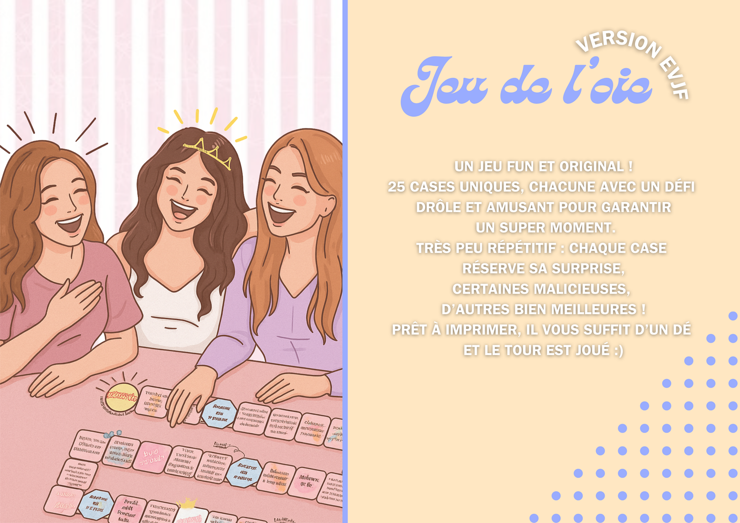 Plateau de jeu 25 cases pour EVJF drôle, original et modifiable ! Prêt à imprimer.