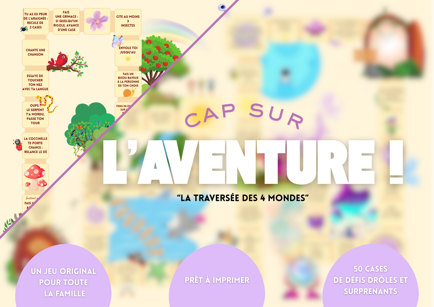 Plateau de jeu d'aventure à imprimer pour petits et grands, 50 cases de défis drôles et originaux ! Prêt à imprimer.