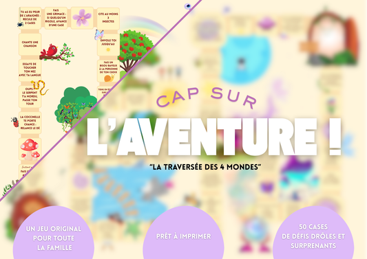 Plateau de jeu d'aventure à imprimer pour petits et grands, 50 cases de défis drôles et originaux ! Prêt à imprimer.